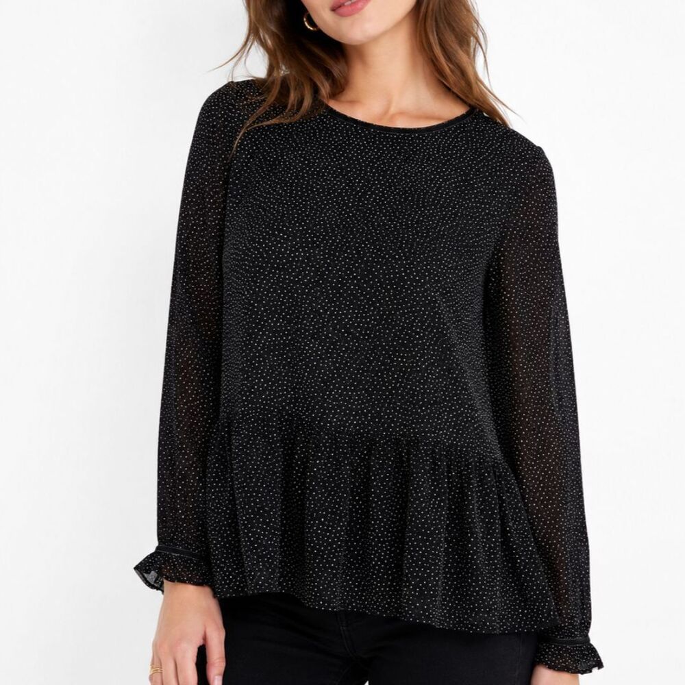 Women's Black Polka Dot Blouse Size L Sheer Peplum Ruffle Long Sleeve Top